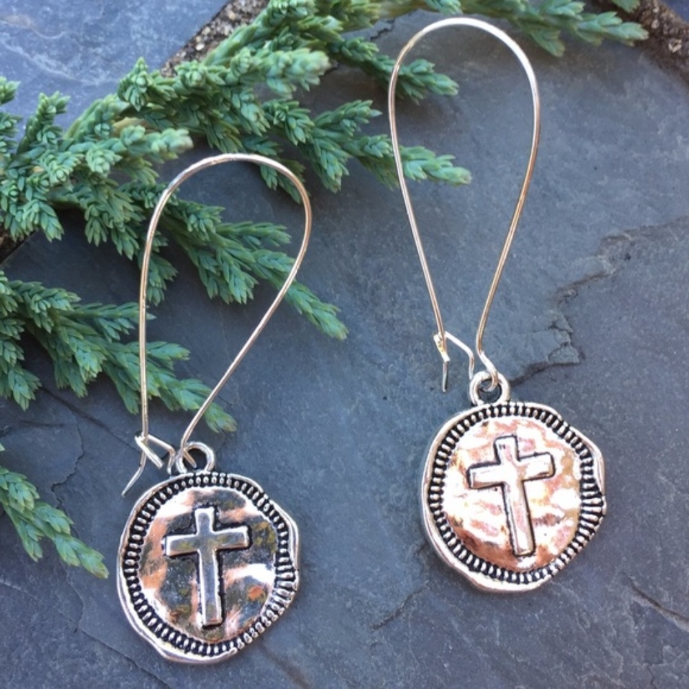 New Silver Cross Stamped Coin Earrings GORGEOUS